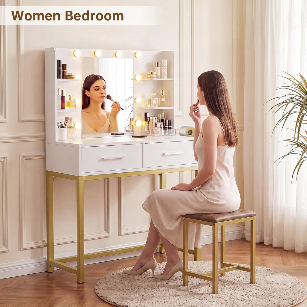 31.5'' Small Vanity Desk with LED Mirror and Lights, White | 3-Color Dimmable LED Mirror, Built In Fast Charging