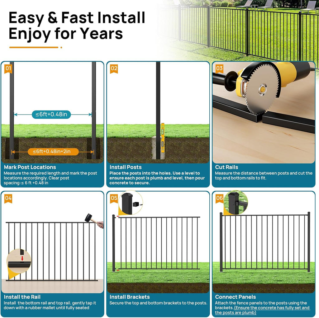 4 ft. H x 6 ft. W Aluminum Boundary Fence Kit, Rustproof AAMA 2604 Powder-Coat Finish Black Textured, Modular Fence