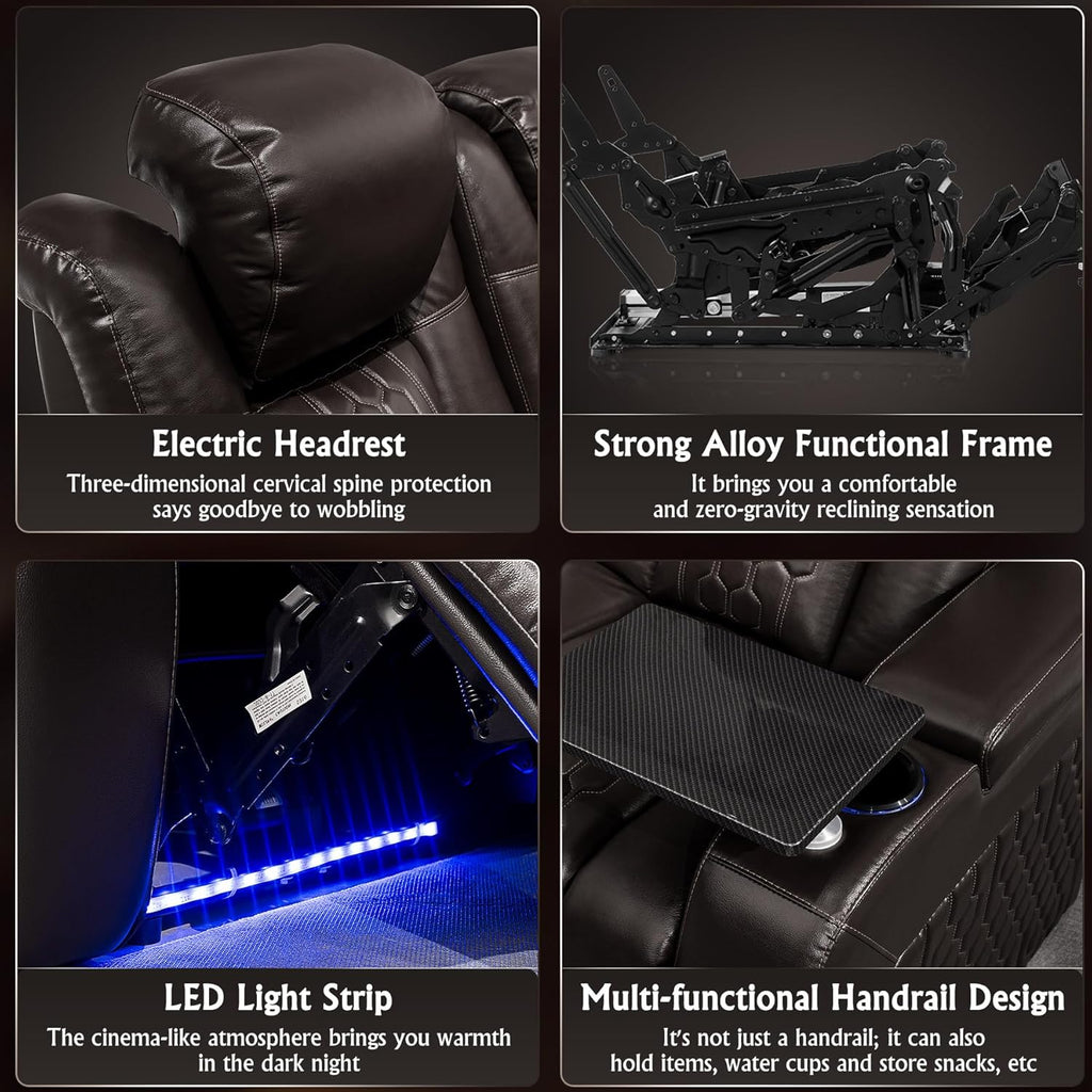 Home Theater Seating,Top-Grain Leather Recliner Sofa, Zero Gravity Power Reclining Couch with Ambient LED Lights