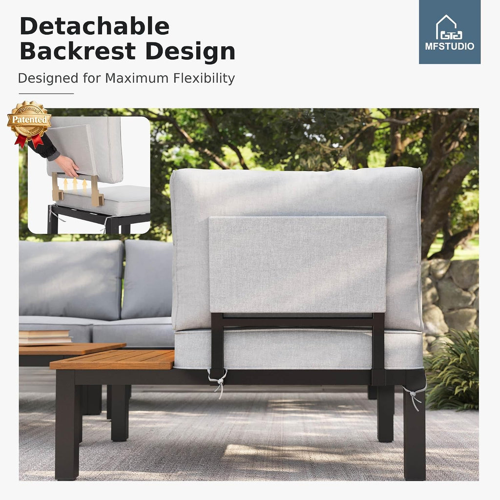 4 Pieces Metal L-Shaped Outdoor Sectional with Cushion, | Outdoor Patio Furniture Set with Side Table, Modular Patio