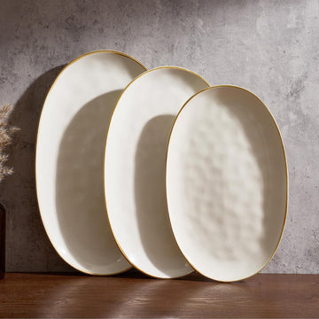 Serving Platters Set of 3 Sizes - Oval, Vanilla White | 15.59"/14.3"/12.9" Fine Stoneware Serving Trays for Party