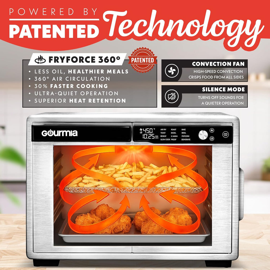 French Door Air Fryer Oven - 37 Qt Large Capacity Convection Toaster Oven, FryForce 360°, Digital Display, 12 Cooking