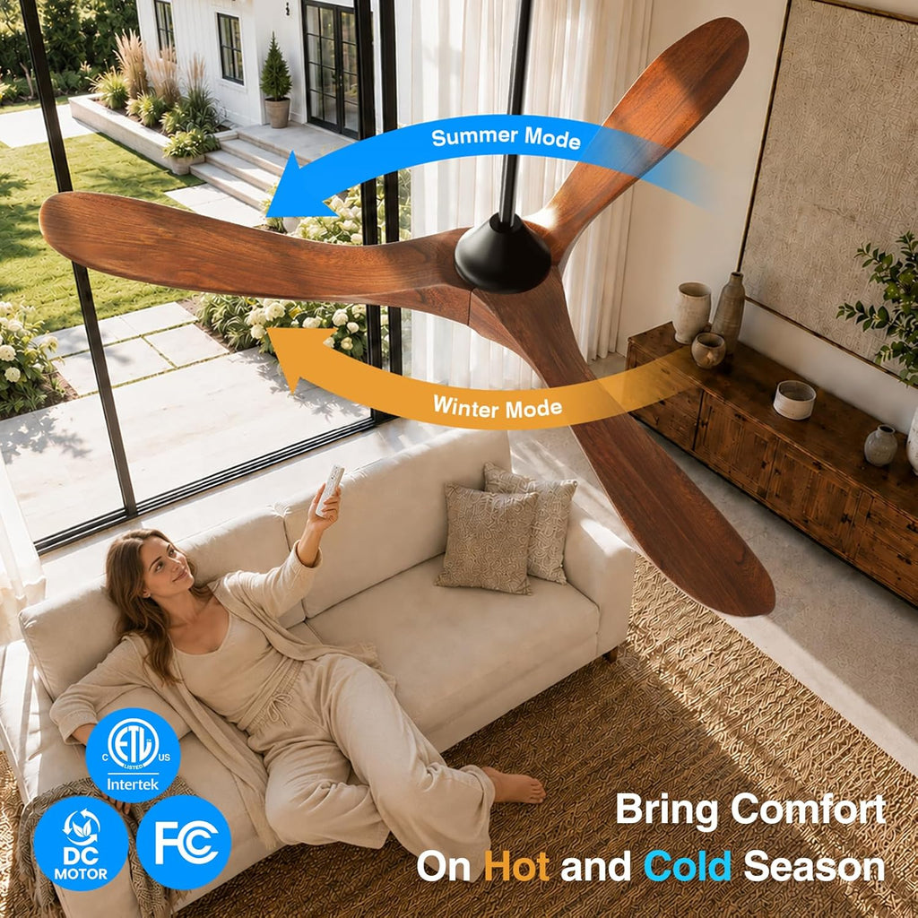 Wall Switch-60 inch Outdoor Ceiling Fan with Light Remote for Patios, Wet Rated Wood 3-Blade Propeller Ceiling Fans