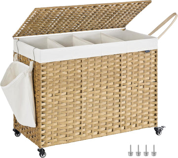 Laundry Hamper with Lid, 55.4 Gallons (210 L), Rolling Laundry Basket with Wheels, 4-Section Synthetic Rattan