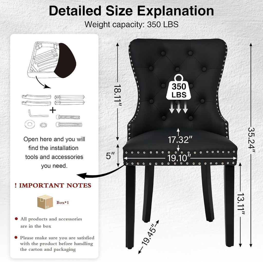 PU Leather Dining Chairs Set of 2, Upholstered Dining Room Chairs with Wooden Legs & Pull Ring, Modern Kitchen Chairs