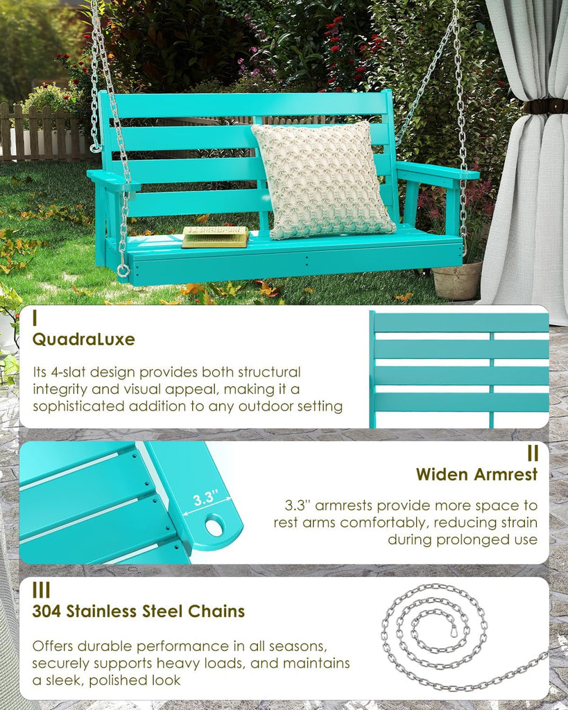 Outdoor Porch Swing, 2-Person HDPE Patio Bench Swings, Aqua | 51" Extra Wide | 4 Stainless Steel Chains | 600 lb