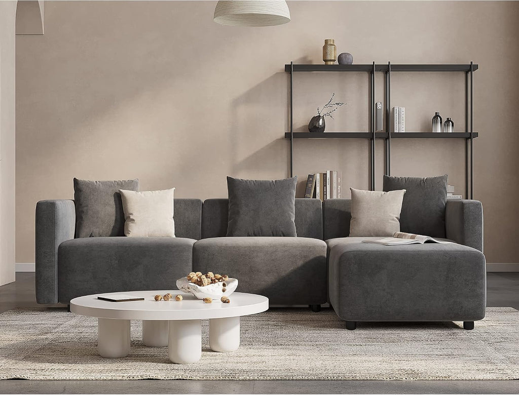L-Shaped Modular Sectional Sofa with Ottoman, Suedette Dark Grey | Reversible Couch, Larch Wood Frame, Low-Back Design