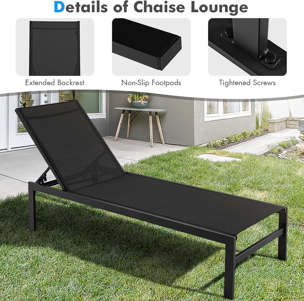 Lounge Chair Outdoor, Aluminum Frame Chaise Lounge with 6-Position Adjustable, Breathable Fabric, Lightweight Patio