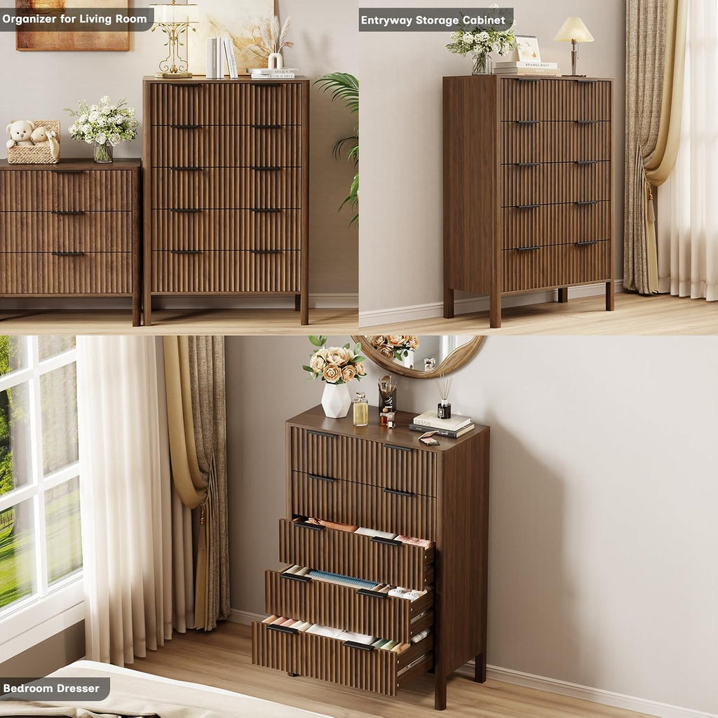 47 Inch Tall Dressers Fluted 5 Drawer Dresser, Wooden Dresser Modern Chest of Drawers Dressers with Organizer Storage