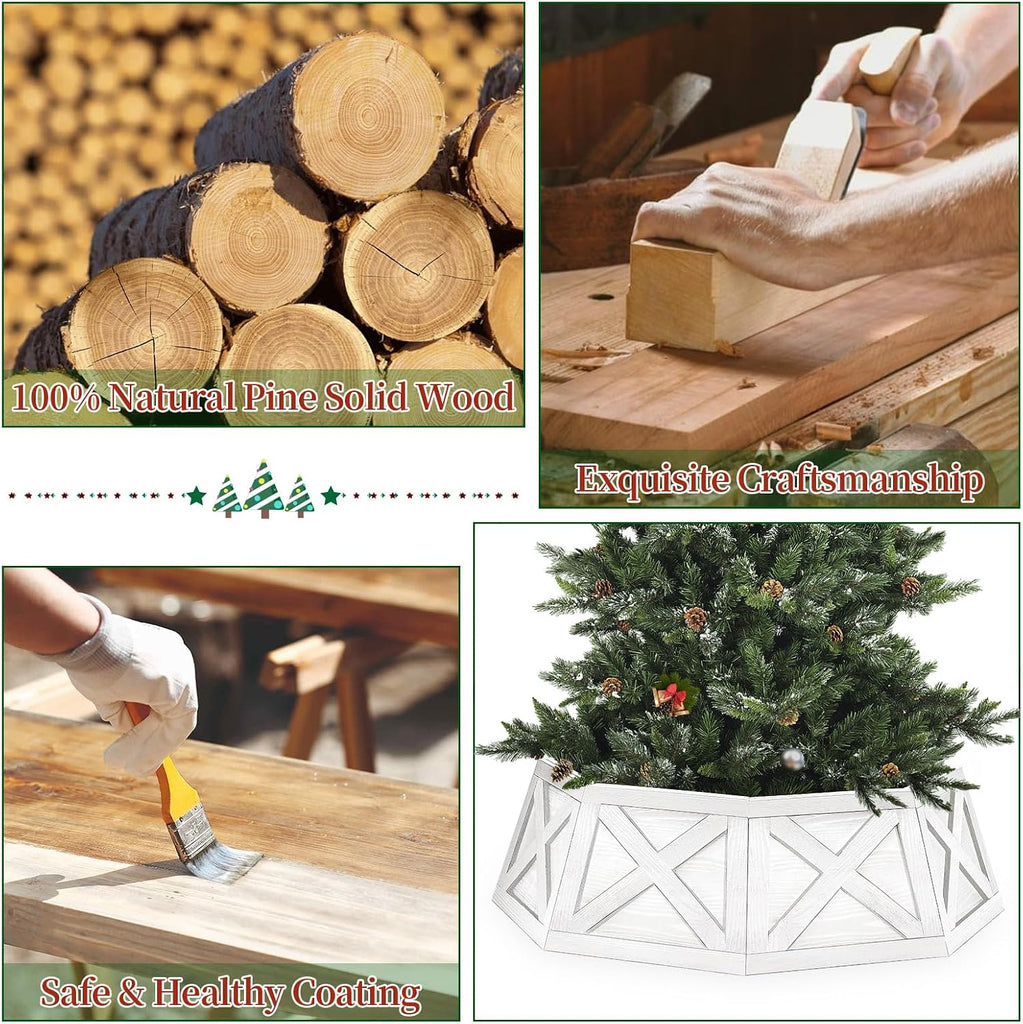 Wooden Christmas Tree Collar, 8 Panels 29'' Octagon White Christmas Tree Base Cover Decor for Artificial Tree, Rustic