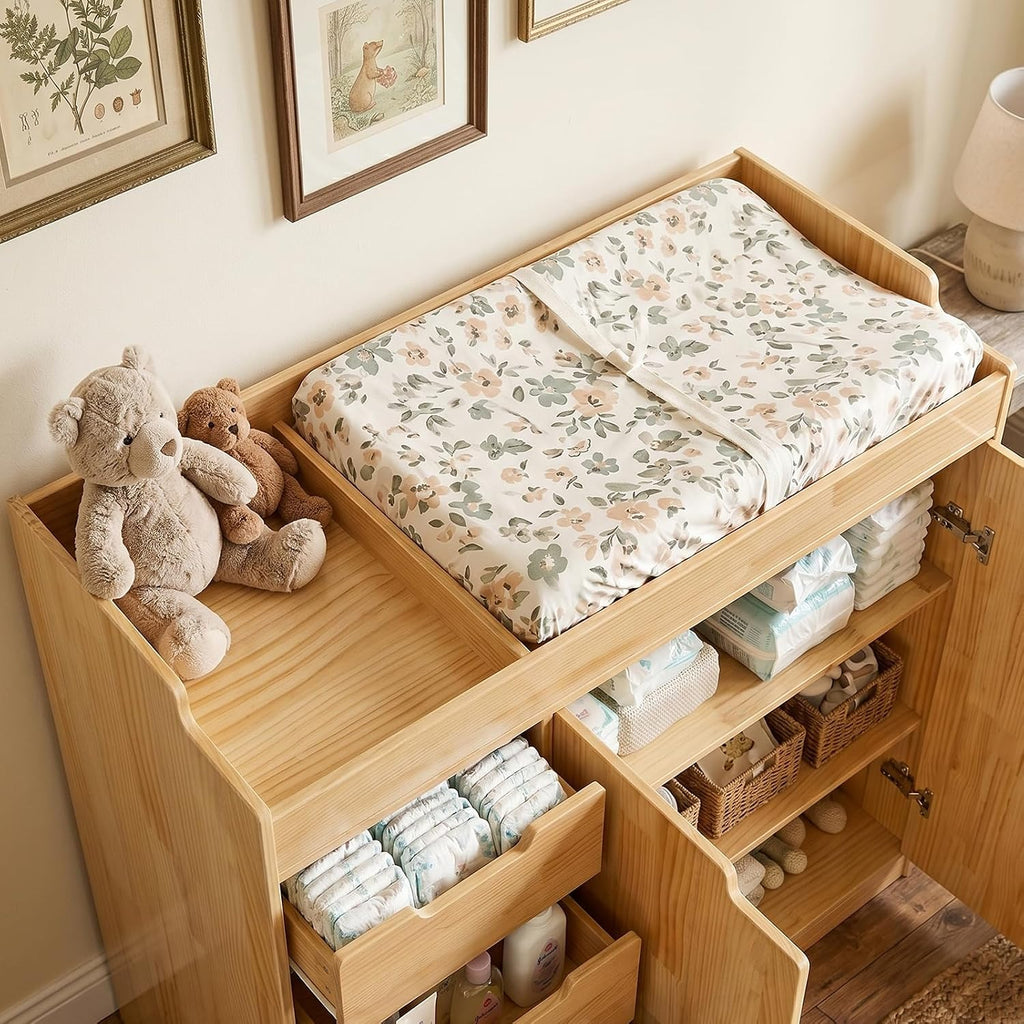 47.2" Solid Wood Baby Changing Table Dresser, Natural | 4 Drawers and 2 Doors, Changing Table Top, Safety Guardrails