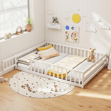 Full Size Wood Floor Bed with Door & Fence, Montessori Bed Frame with Full Length Safety Guardrails, Door & Latch