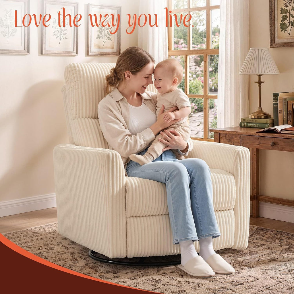 360° Swivel Glider Rocker Manual Recliner, High Back Reclining Chair with Curved Armrests, Beige Corduroy Upholstered