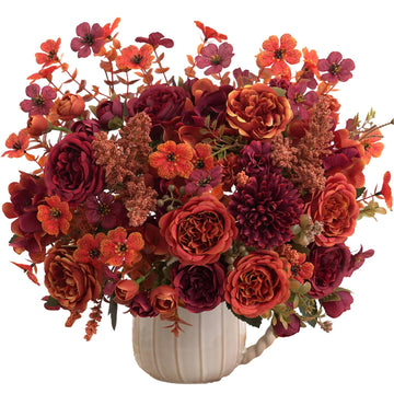 Mixed 8pcs Fall Artificial Peony Hydrangea Bouquet, Coffee Brown Silk Faux Flower, Autumn Faux Floral Arrangements