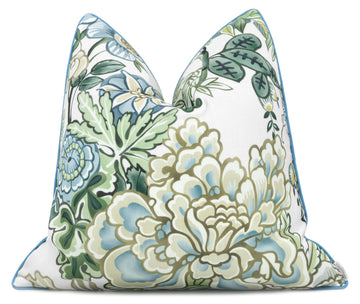 Chinoiserie Peony Floral Throw Pillow Cover 20x20, Blue Green