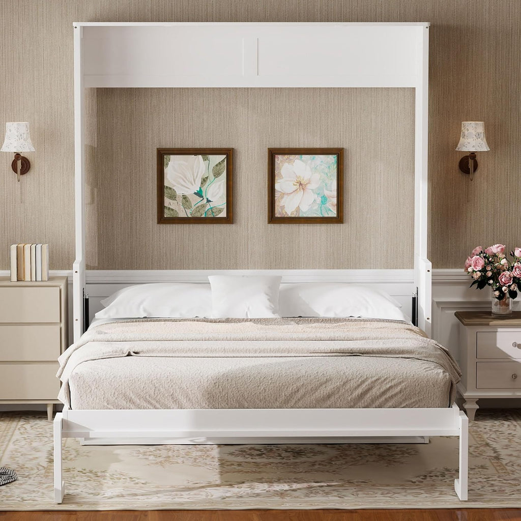 Queen Murphy Bed with Desk, LED Lights & USB Charging Station,Solid Wood Vertical Murphy Wall Bed Cabinet with Storage Shelves for Adults Bedroom Office Space-Saving (White,Queen)