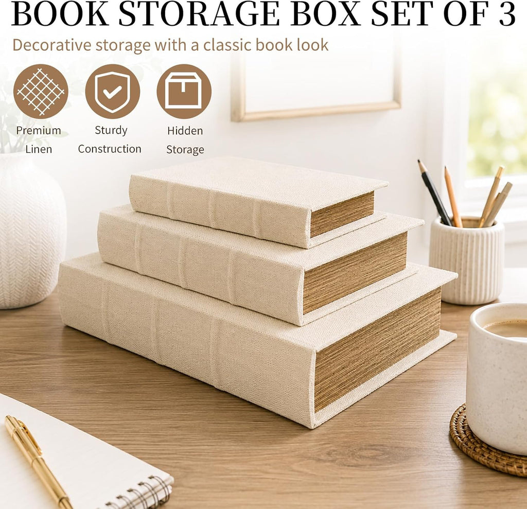 Decorative Book Boxes Set of 3 - Modern Faux Linen & Wood Hidden Storage for Coffee Table - Stackable Fake Books for