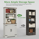 70 Inches Farmhouse Bookcase Bookshelf, Two-Tone Shelves, 5 Tier Bookshelf with Door Storage Arched Trim