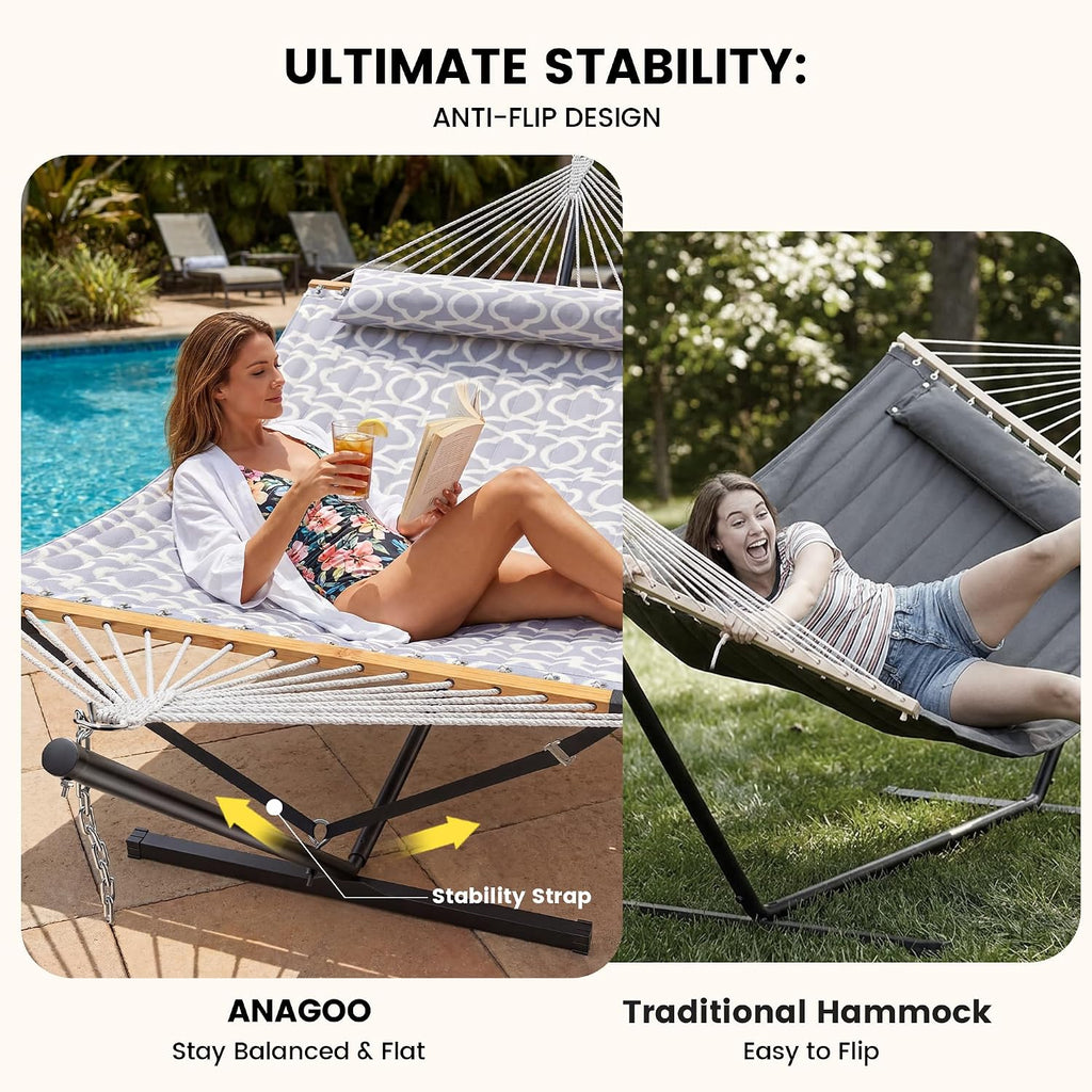 Double Hammock with Stand, Heavy Duty Outdoor Hammock for Two, 500 LBS Capacity, Stable Steel Frame with Balance