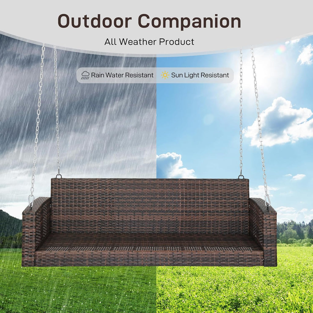 5FT Wicker 3 Person Porch Swing with Cushions, Pillows and Chains | Hanging outdoor swing supports 1000 lbs