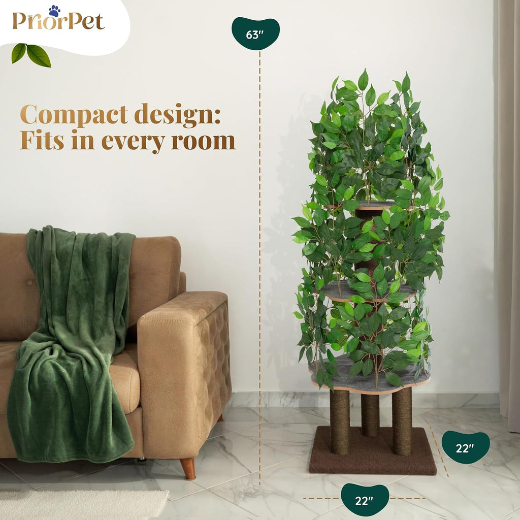 Cat Tree with Leaves - Stable & Space-Saving Design - 4 Scratch Levels & 5 Scratching Posts