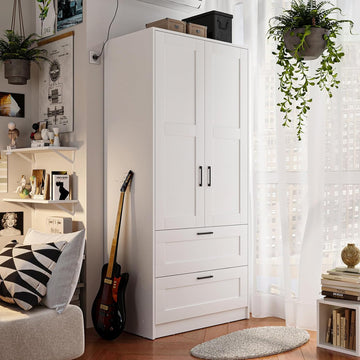Wood White Wardrobe Closet with 2 Doors and 2 Drawers,Bedroom Freestanding Armoire Storage Cabinet with