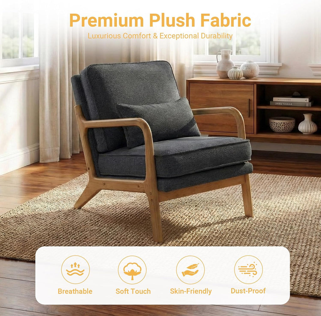 Modern Accent Chair Mid Century Wooden Upholstered Armchair with Lumbar Pillow & Removable Soft Cushion, Reading
