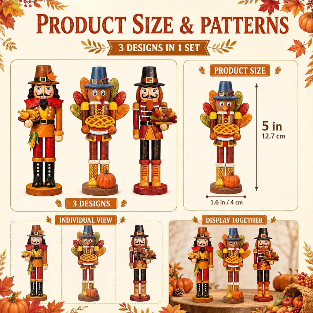 Fall Thanksgiving Nutcracker Turkey Figures Fall Table Decor - Set of 3
