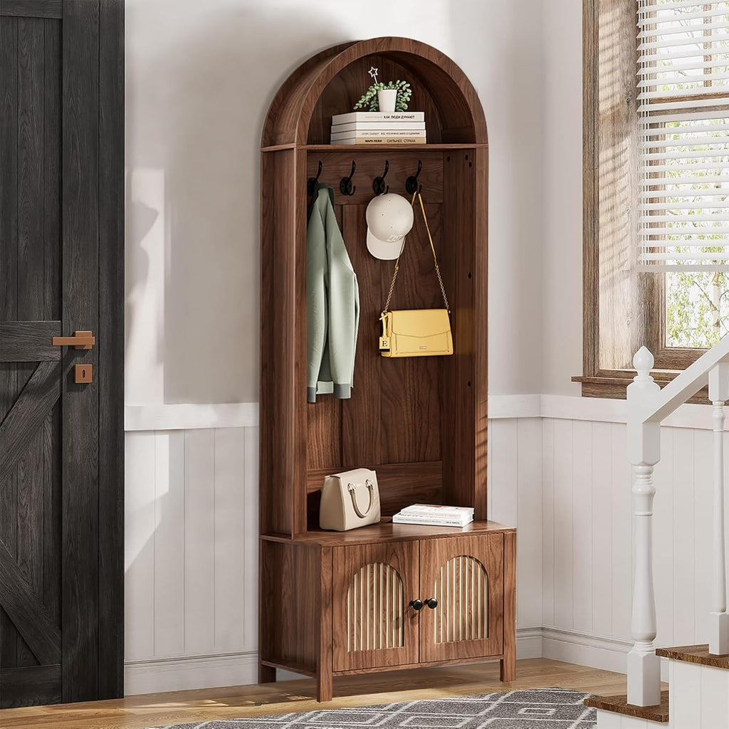 Hall Tree with Bench and Shoe Storage, Entryway Storage Bench with Coat Rack, 70.9"Arch Coat Rack with 4 Hooks and 2