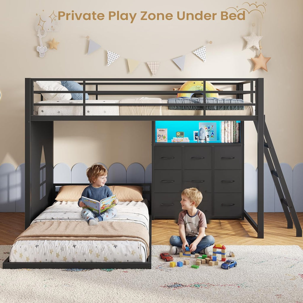 Low Bunk Bed Twin Over Twin with 9 Storage Drawers, L-Shaped Twin Bunk Beds with LED Lights & Play Area