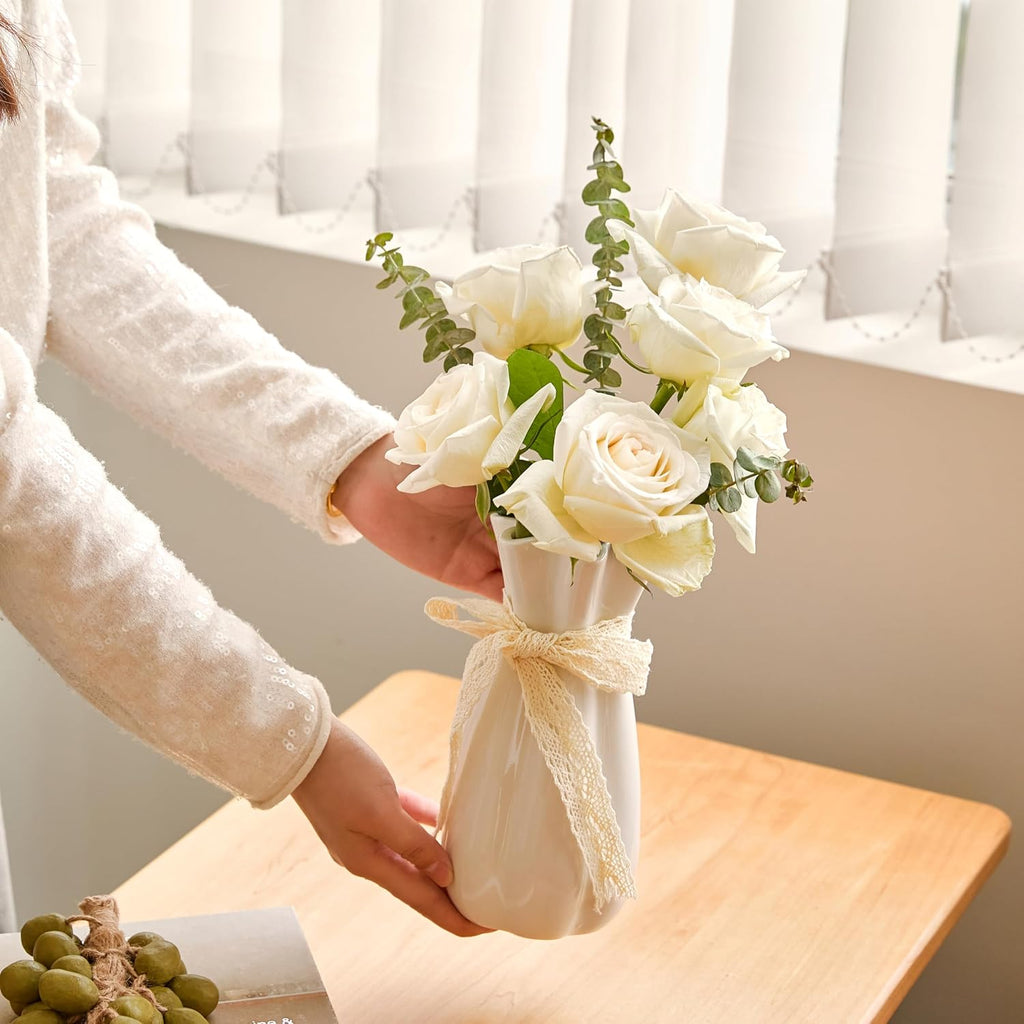 White Ceramic Flower Vase, 8'' Modern Decorative Vases Minimalism Boho Vases