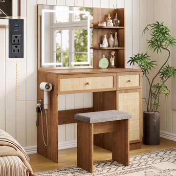 35" Boho Makeup Vanity Desk with LED Lighted Mirror & Power Strip