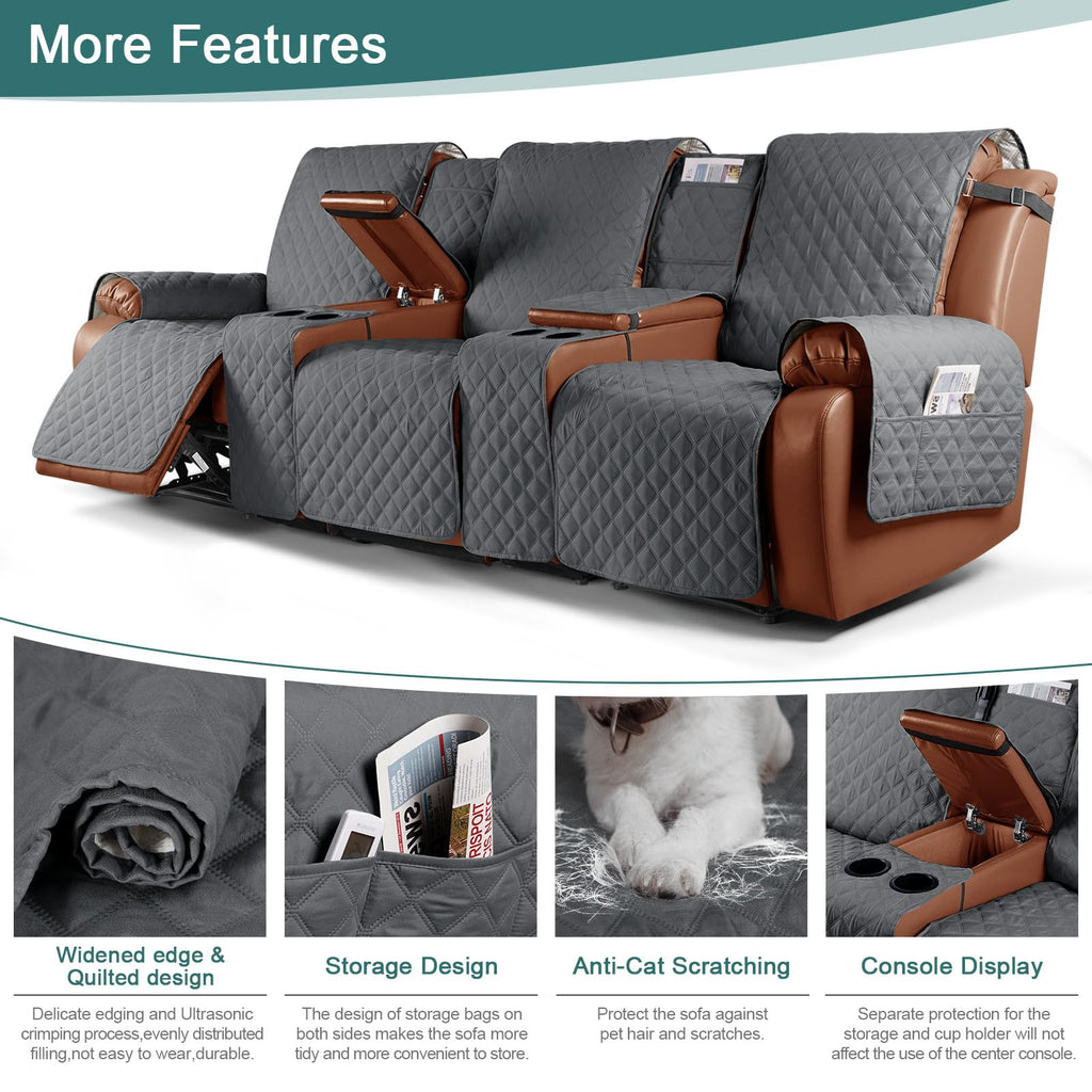 Waterproof Recliner Sofa Cover with Console, Dark Grey