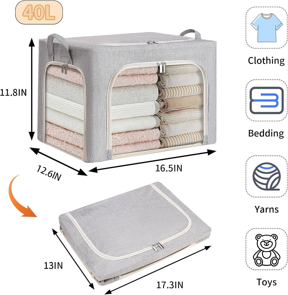3-Side Zippered Openings Clothes Storage Bins with Thick Metal Frame, Stackable & Foldable Clothing Storage Bins with