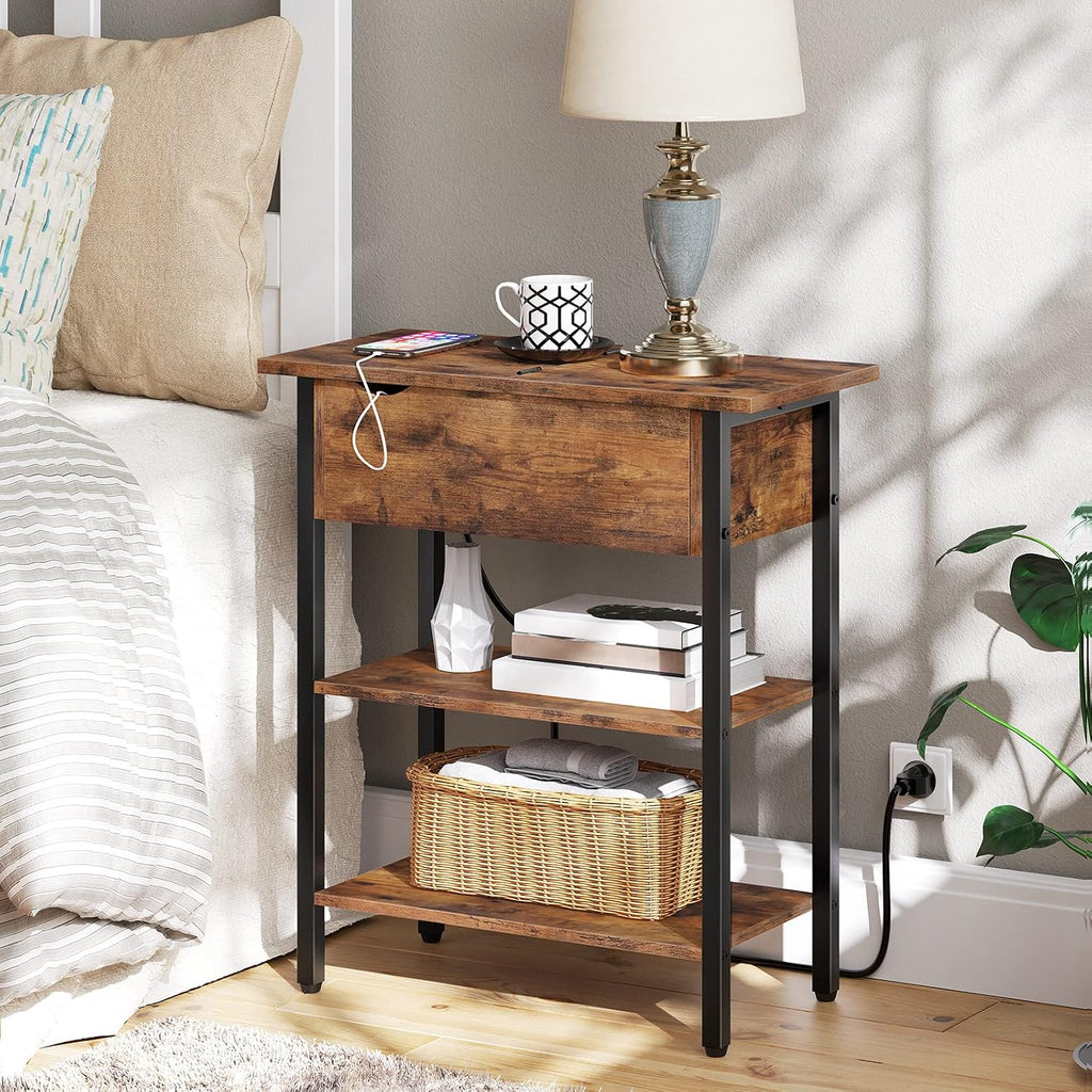 Set of 2 End Tables, Side Table with Charging Station, Flip Top Nightstand with USB Ports and Outlets, Bedside Tables