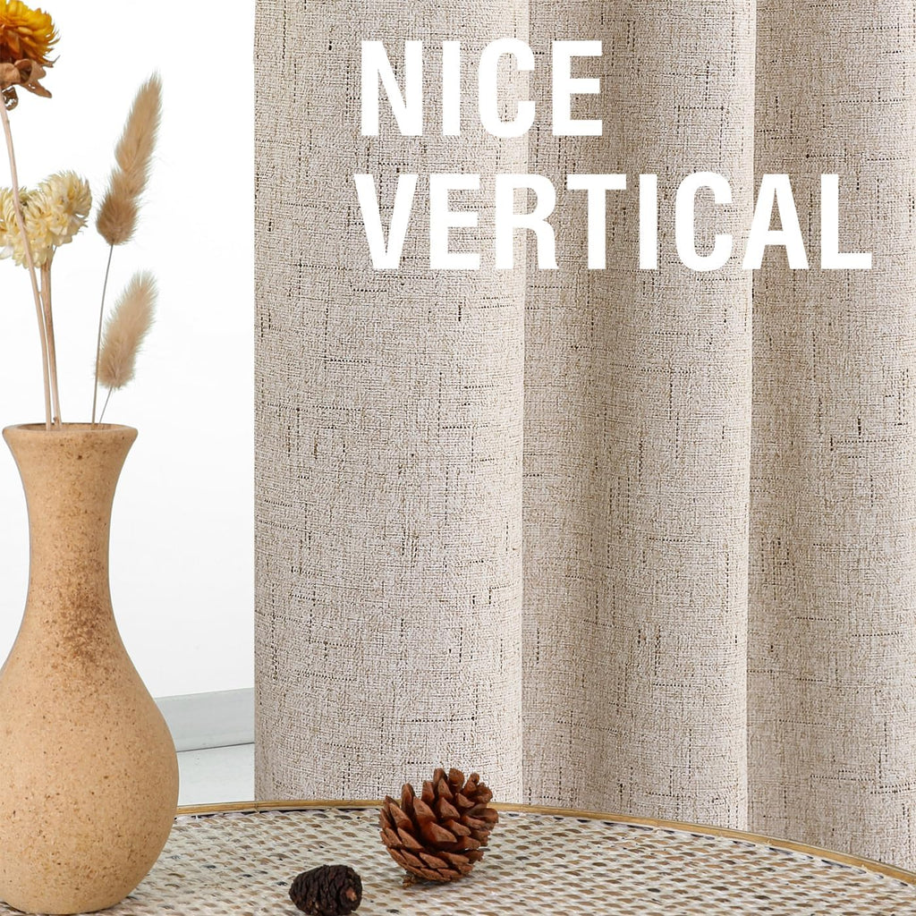 100% Blackout Curtains for Bedroom, Back Tab/Rod Pocket Faux Linen Black Out Cute Curtains 2 Panels