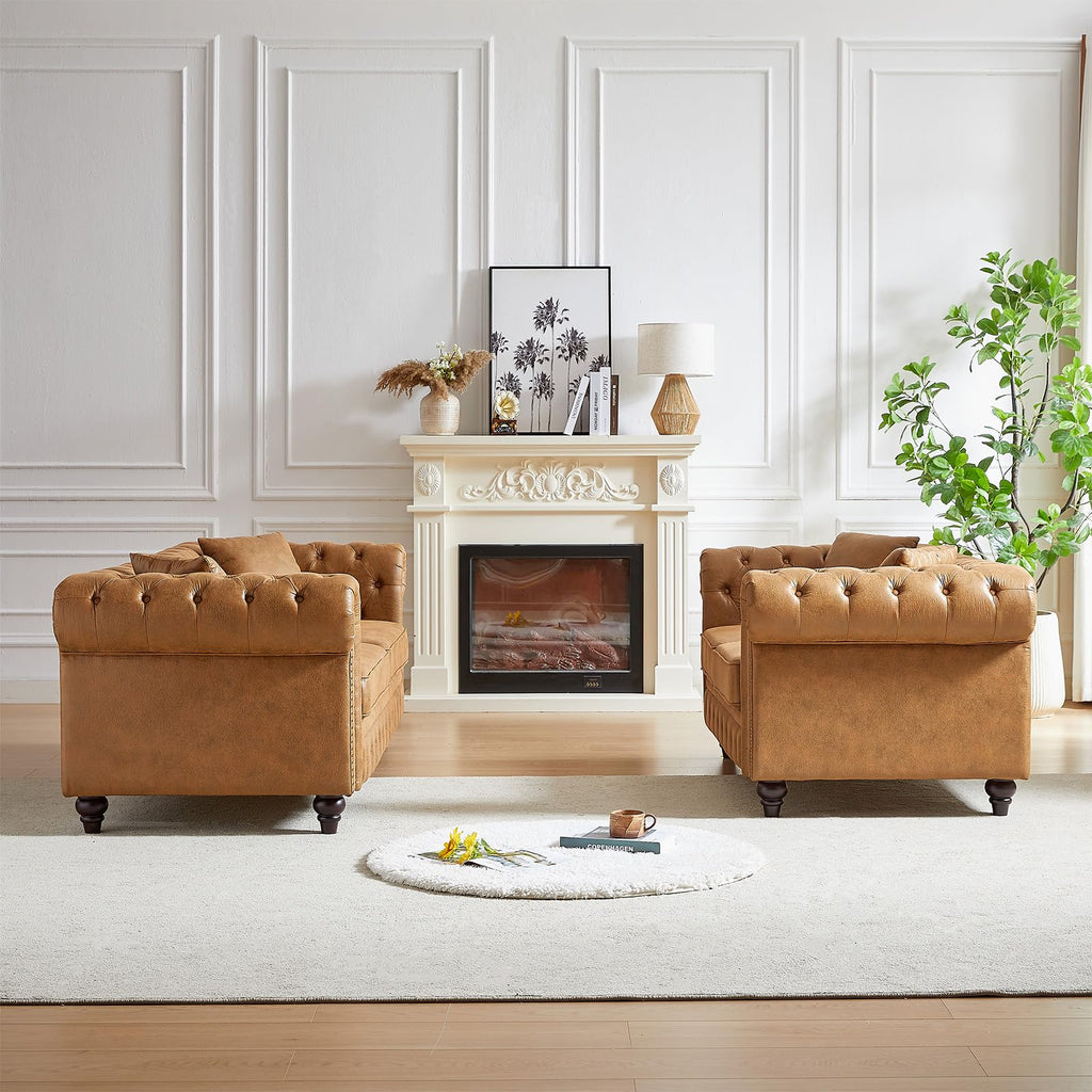 Modern Comfy Chesterfield Tech Fabric Loveseat +3-Seater Sofa Set, Brown