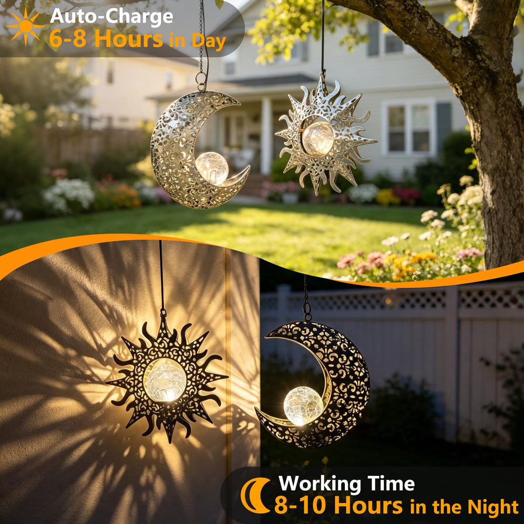 Solar Sun & Moon Lanterns Set, Hanging Decor for Garden, Gifts for Mom