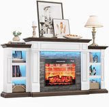72 Inch Electric Fireplace TV Stand with Mantel and Storage Cabinets, LED Lighting, Stacked Stone Surround and 3D Realistic Flame Insert Heater