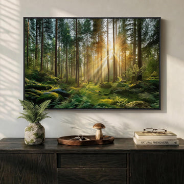 Framed Forest Landscape Wall Art, Horizontal Nature Sunset Canvas Artwork for Walls, Wilderness Scenery Photography
