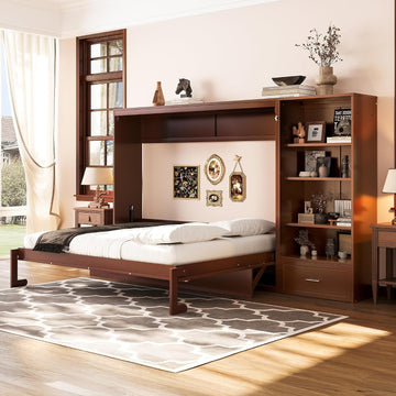 Queen Horizontal Murphy Bed with Desk, Foldable Wall Bed Frame with Storage Drawers, Shelves & Movable Cabinets