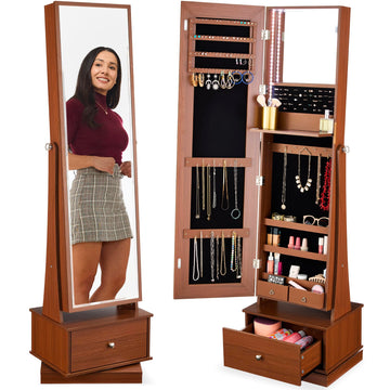 360 Swivel Mirrored Jewelry Cabinet, Standing Armoire, Makeup Storage Organizer, w/LED-lit Mirror, 3 Shelves - Walnut
