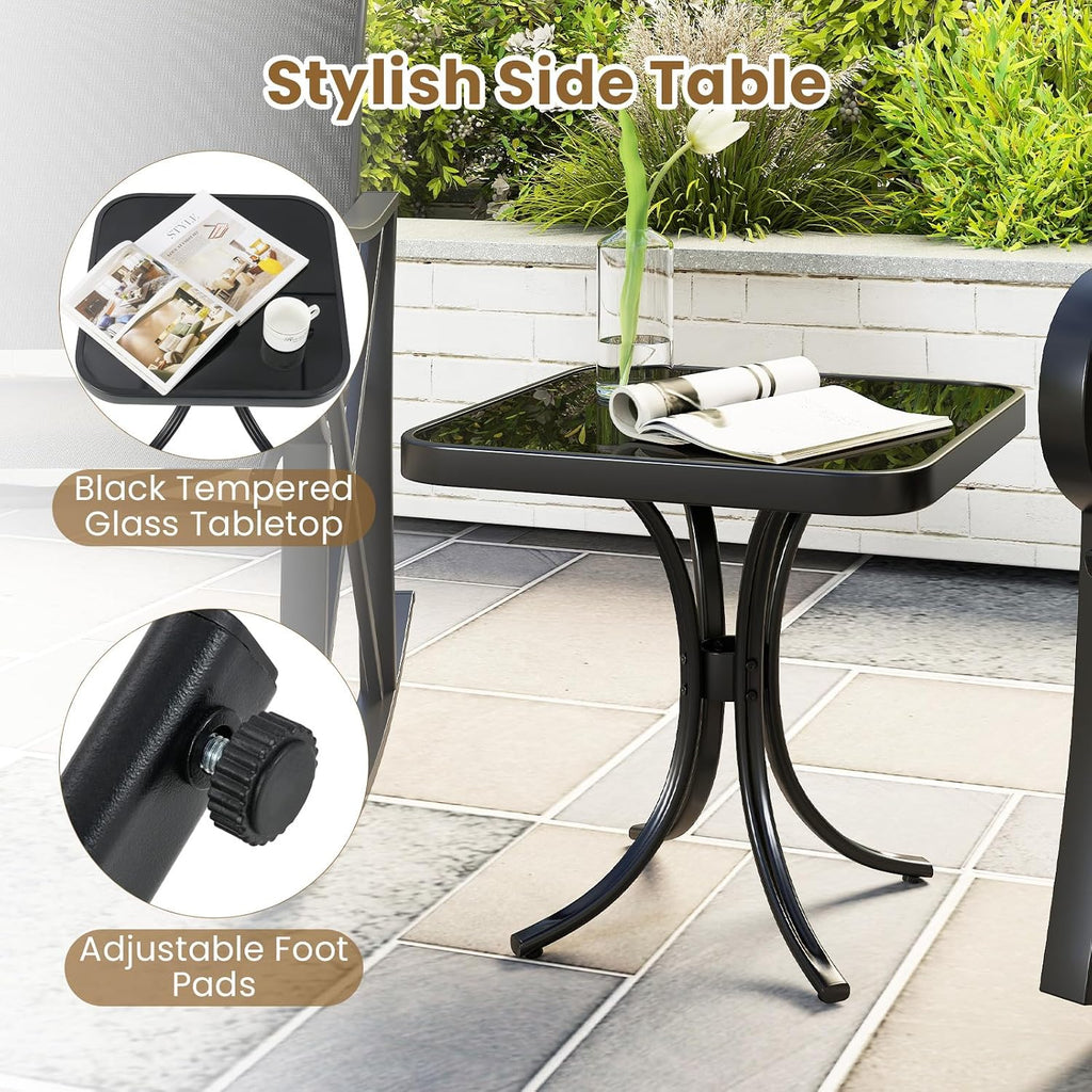 3 Piece Patio Rocking Set, 2 Rocking Chairs with Tempered Glass Side Table, Small Patio Furniture Set with Smooth