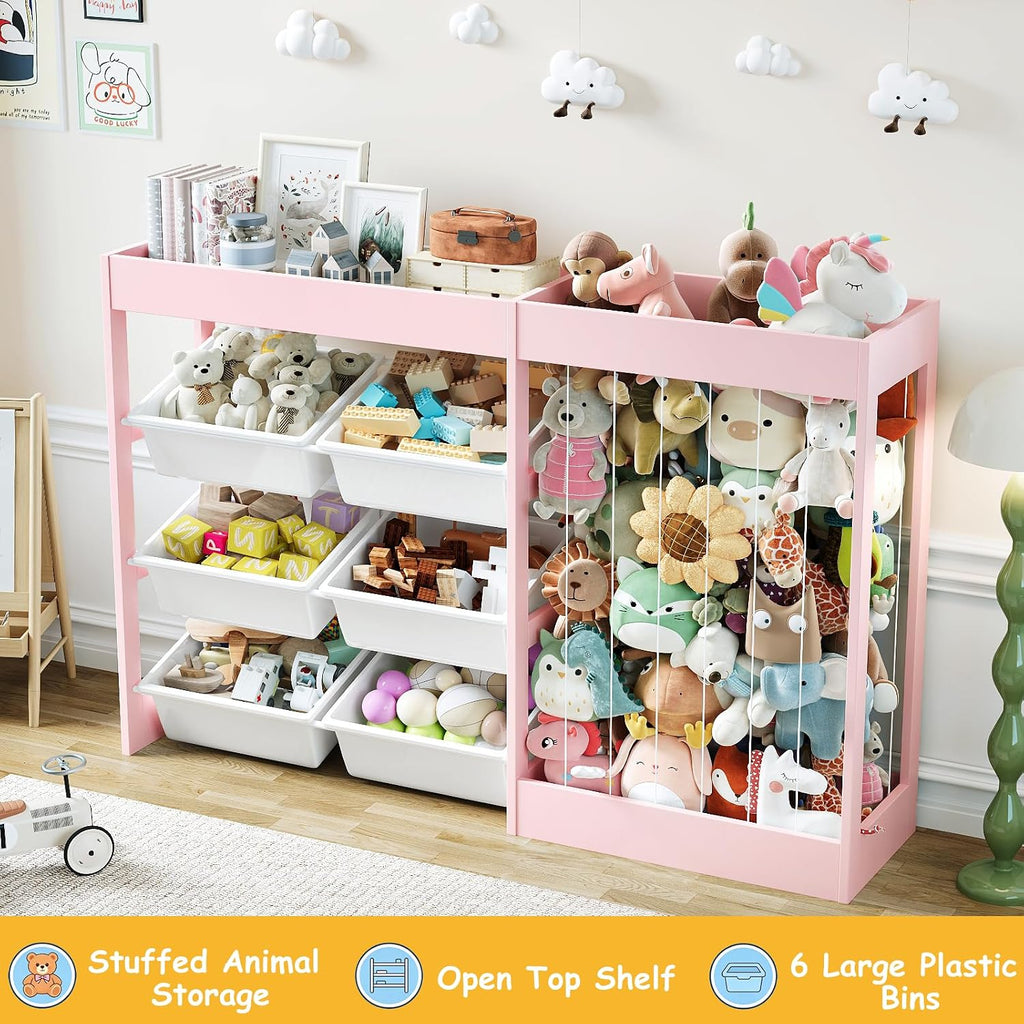 50.6"W x 39.4"H Kids Toy Organizer with Stuffed Animal Storage, Wooden | Kids Storage with 153L Stuffed Animal Zoo, 6