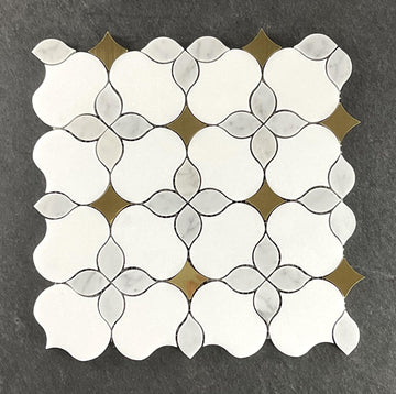 Waterjet - Thassos White, White Cararra and Gold Metal Wall and Floor Mosaic Tile