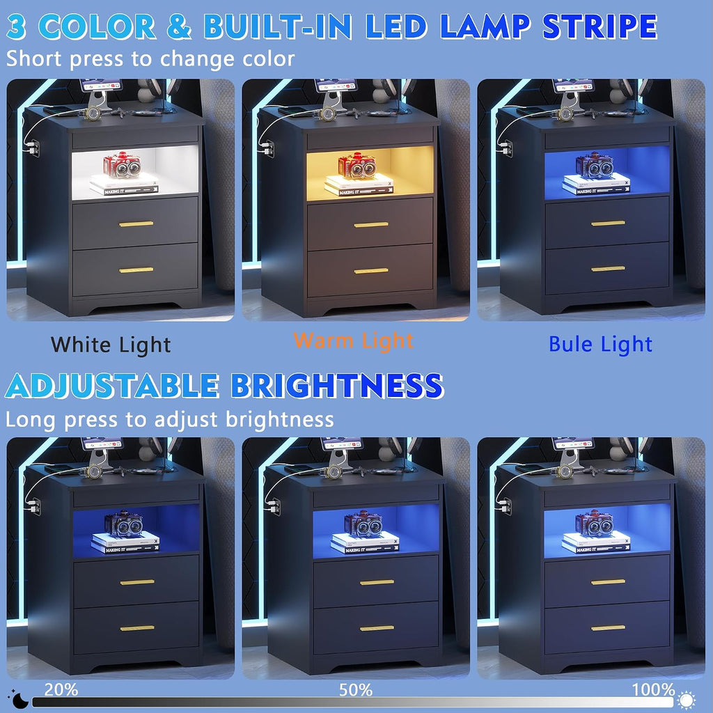 LED Night Stand with Gun Drawer , Charging Bedside Table with USB & Type-C Port, Modern End Table with Human Sensor