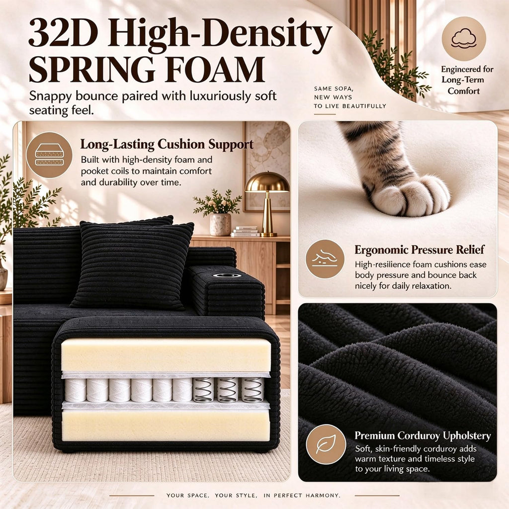 134" Boneless Couch, U-Shaped Modular Sectional Sofa, Beige