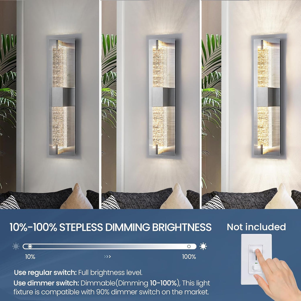 LED Wall Sconce Light: 19 Inch Nickel Modern Sconces Wall Lighting 3000K Dimmable Crystal Wall Lamps Indoor Bathroom