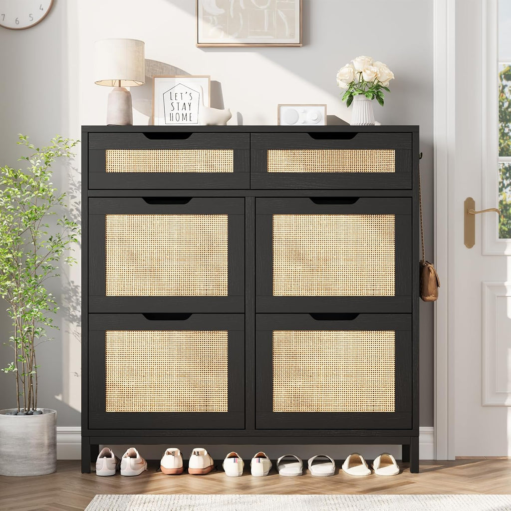 Rattan Shoe Cabinet , Boho Shoe Storage Cabinet with 4 Flip Drawers and 2 Drawers, Narrow Freestanding Shoe Rack with