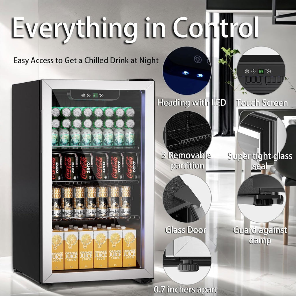 3.0 Cu.ft Beverage Refrigerator Cooler, 105 Can Mini Fridge with Glass Door, Dig
